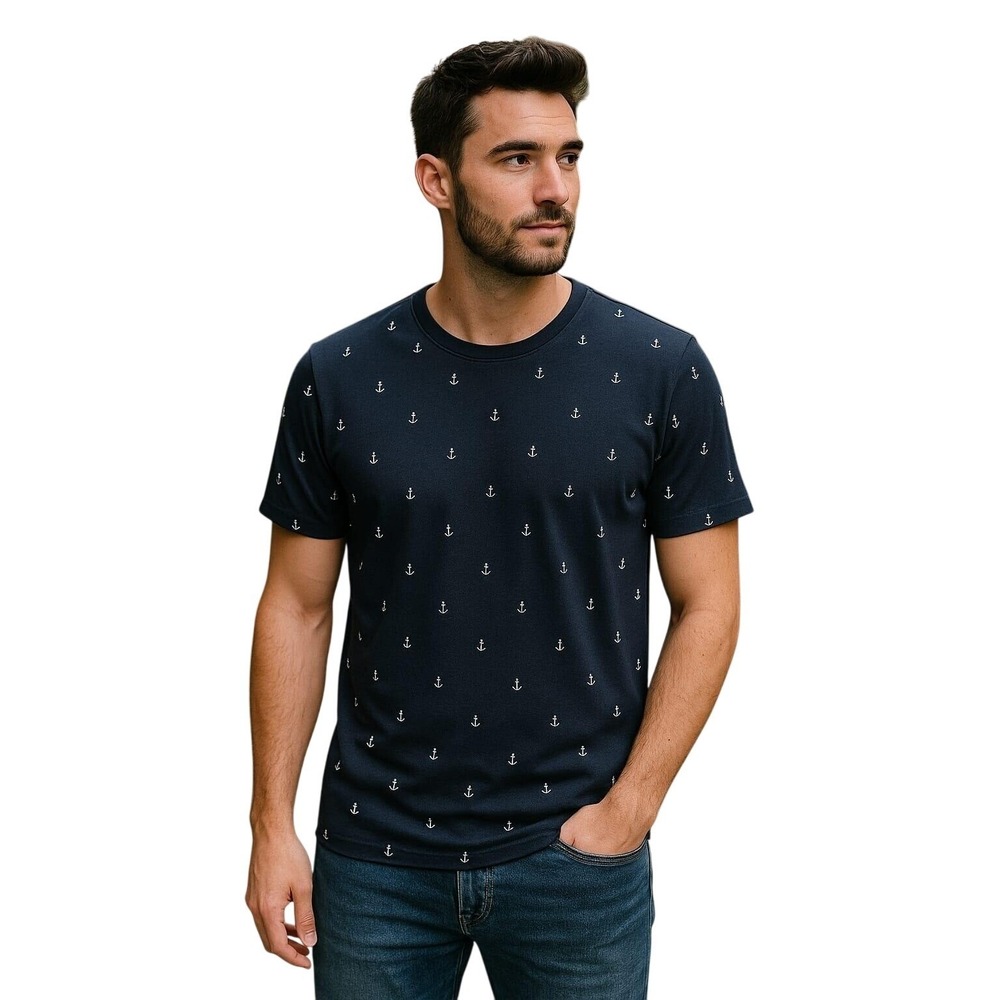 Denim & Flower Men Navy Blue Anchor Print‎ T-Shirt Casual Summer Nautical Tee L